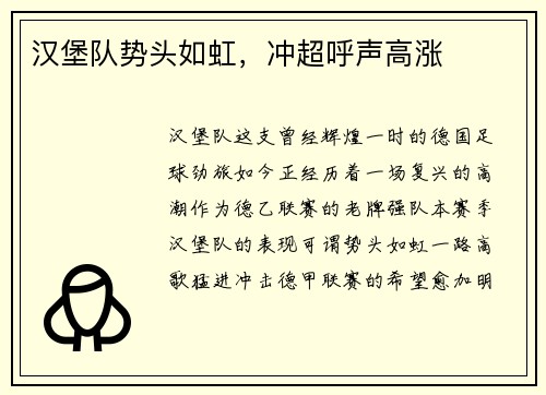 汉堡队势头如虹，冲超呼声高涨