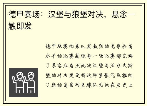 德甲赛场：汉堡与狼堡对决，悬念一触即发