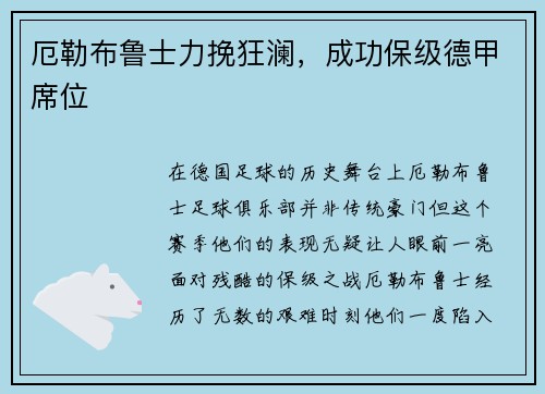 厄勒布鲁士力挽狂澜，成功保级德甲席位
